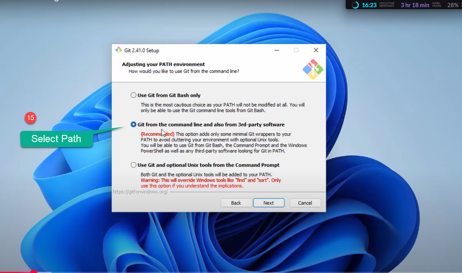 Git setup Adjusting your PATH environment screen with the recommended option selected