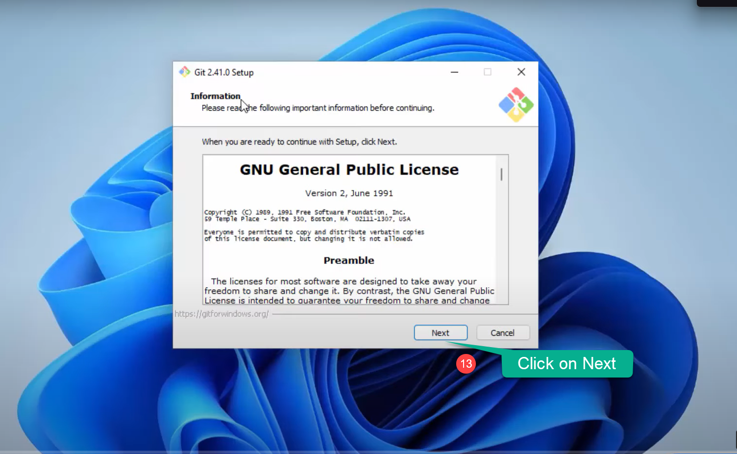 Git setup wizard showing the GNU General Public License screen